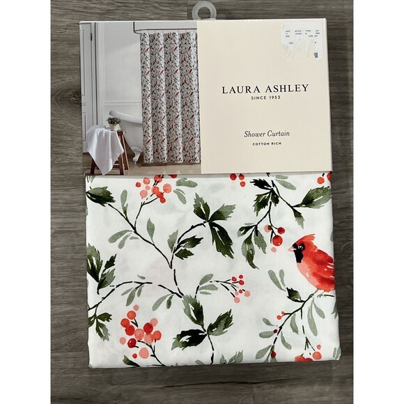 LAURA ASHLEY Christmas Holiday Shower Curtain Cardinal Berry Red Green New - Picture 1 of 6